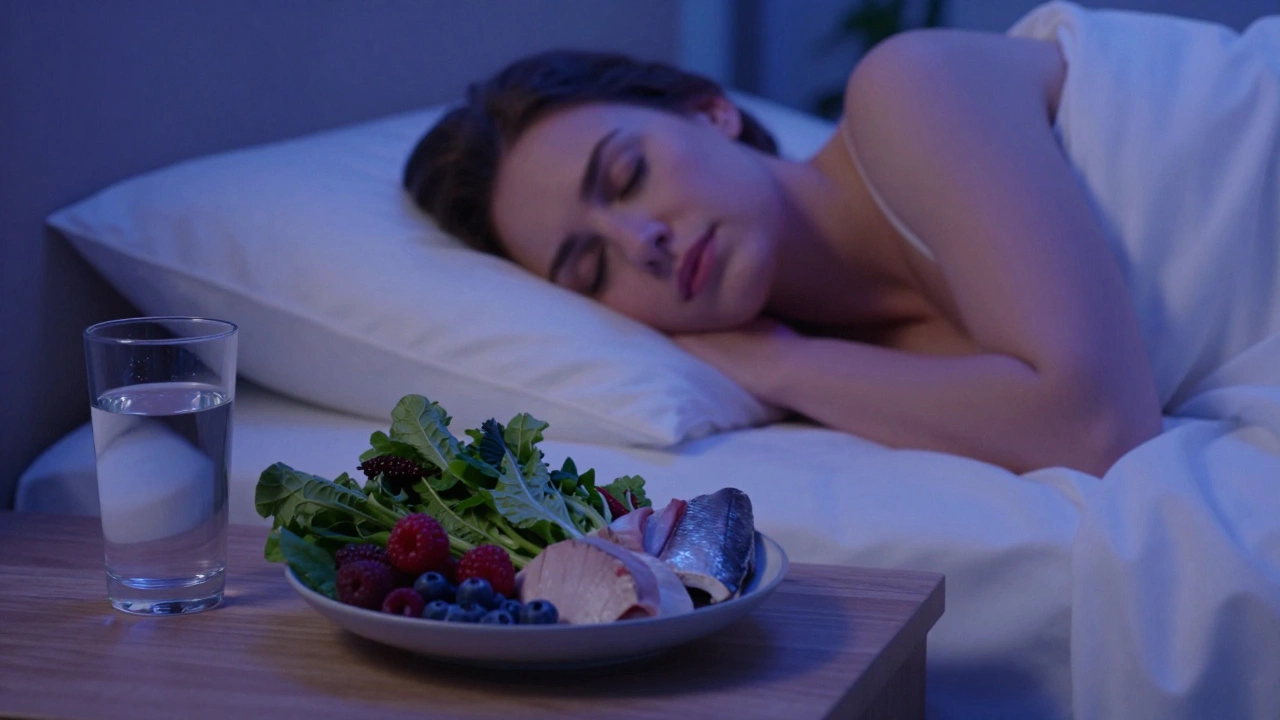 Woman sleeping on silk pillowcase with healthy antioxidant-rich foods nearby