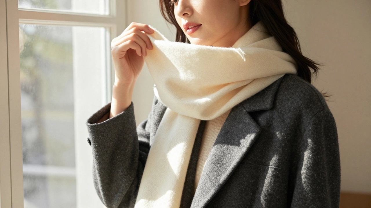 Woman using cream scarf to soften dark jacket in sunlight