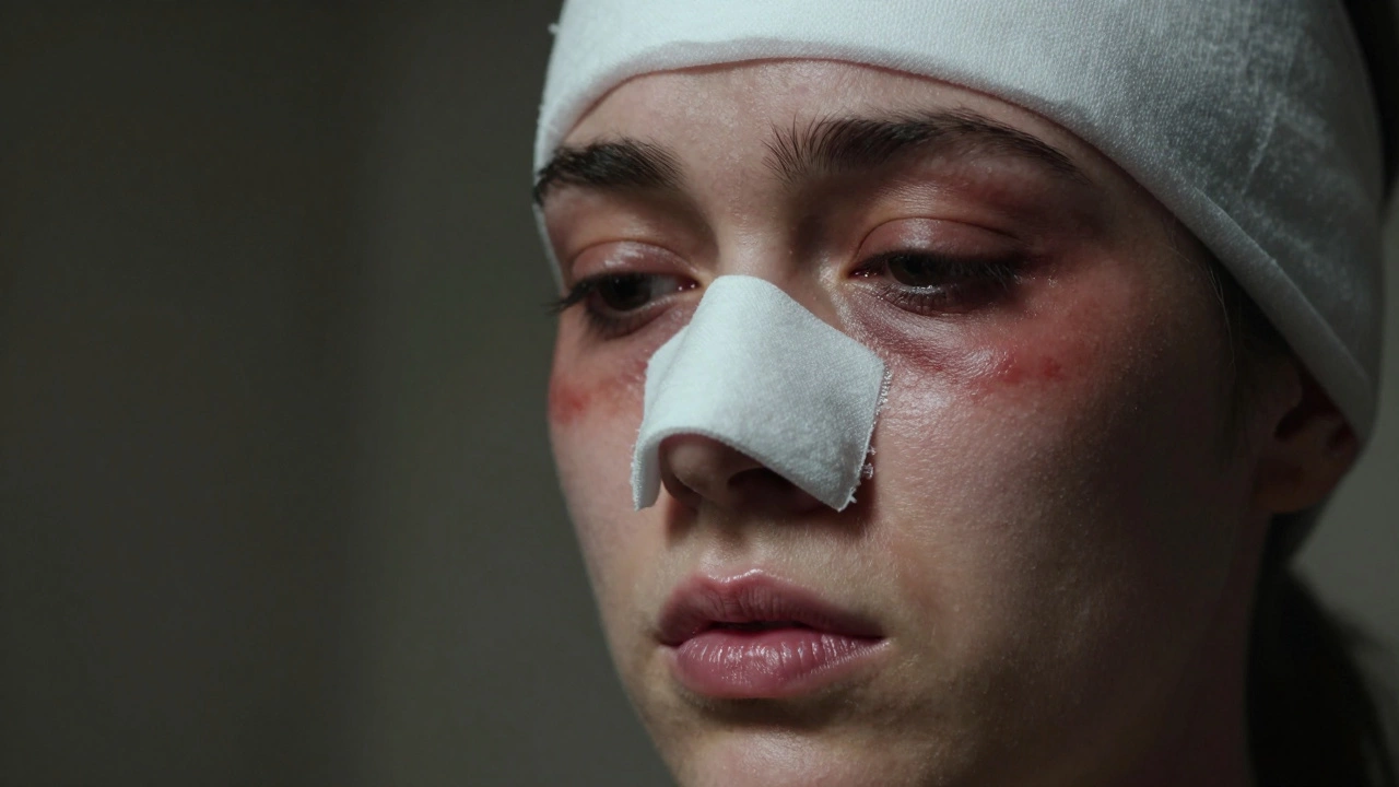 Close-up of face with nasal cast after rhinoplasty