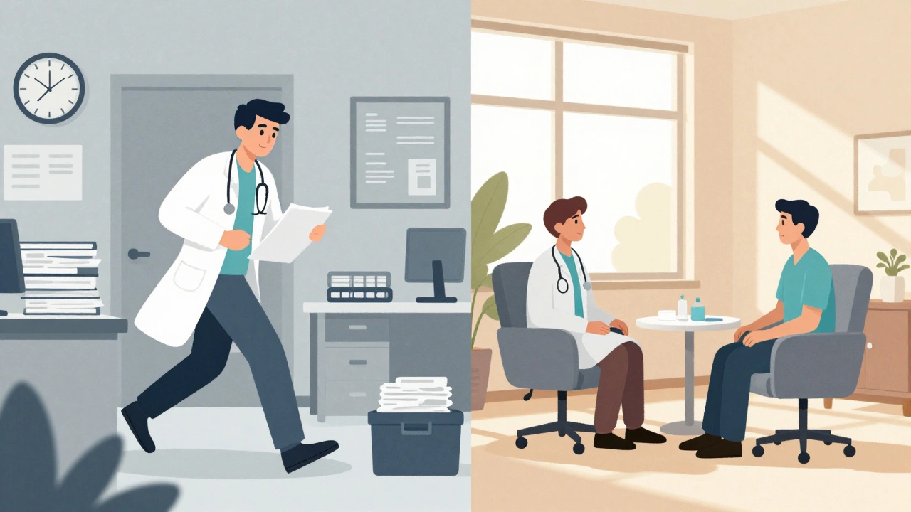 Contrast between rushed public clinic and calm private consultation