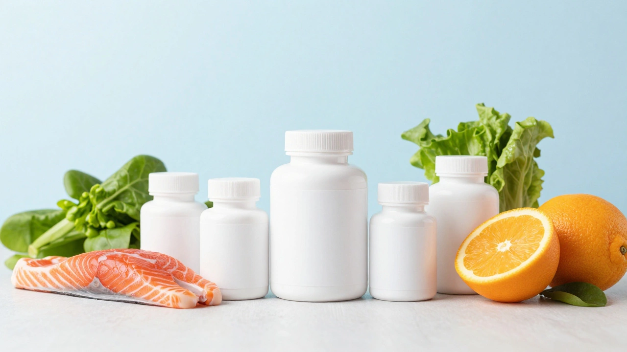 Fertility pills arranged with healthy food and supplements