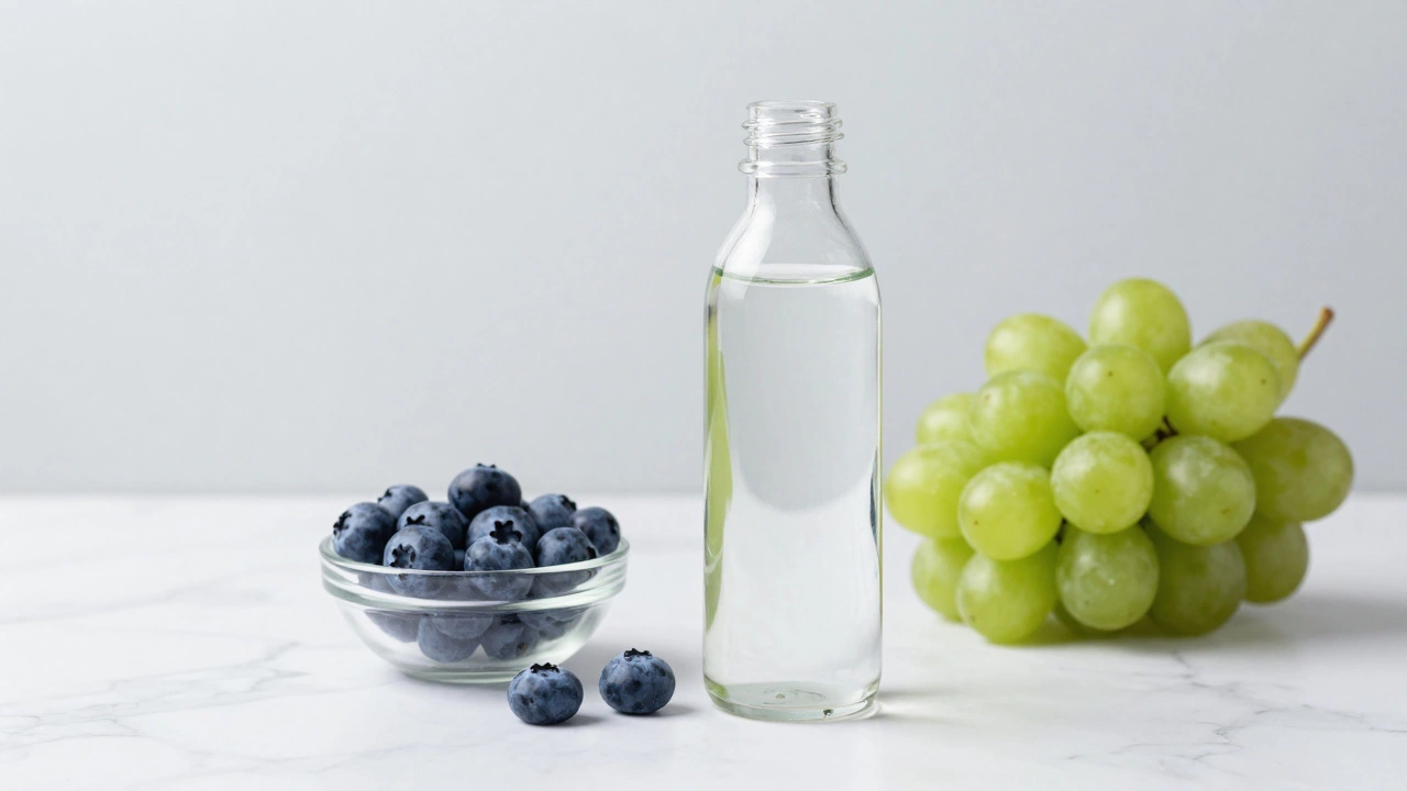 Glass of collagen water with fresh berries on marble surface