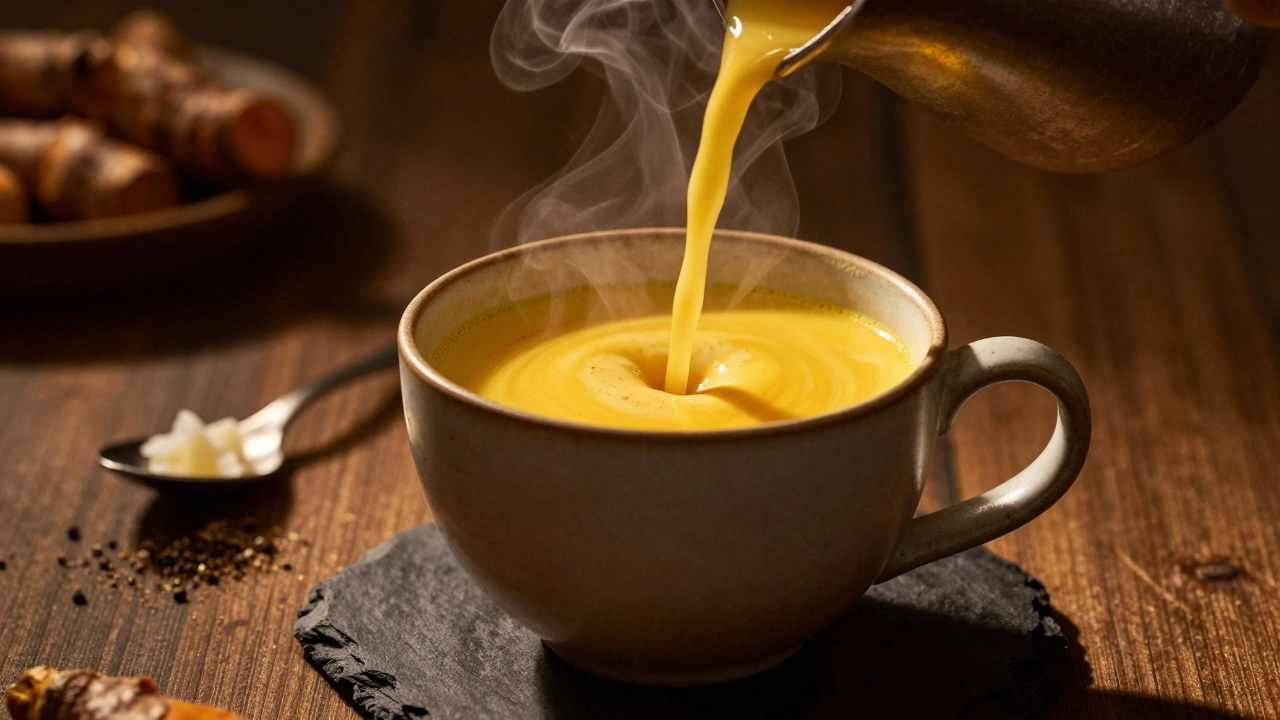 Golden turmeric latte being poured into a ceramic cup