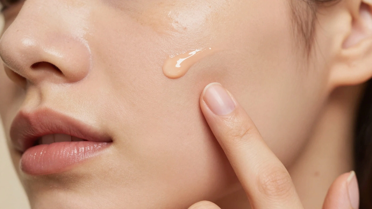 Hand applying tinted moisturizer to natural, glowing skin