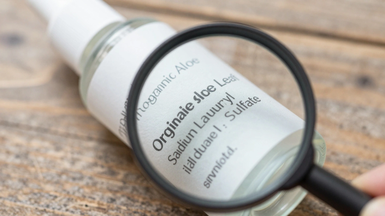 Magnifying glass inspecting skincare ingredient list