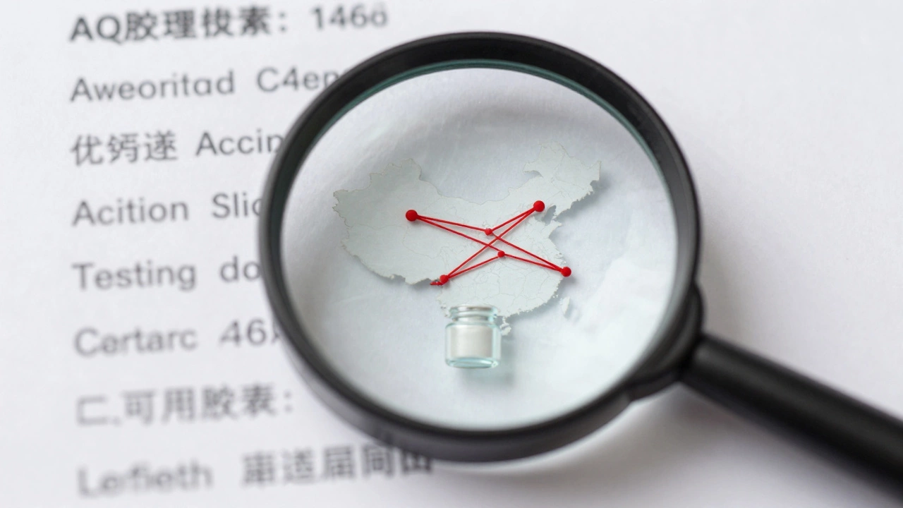 Magnifying glass revealing supply chain links to China on beauty label