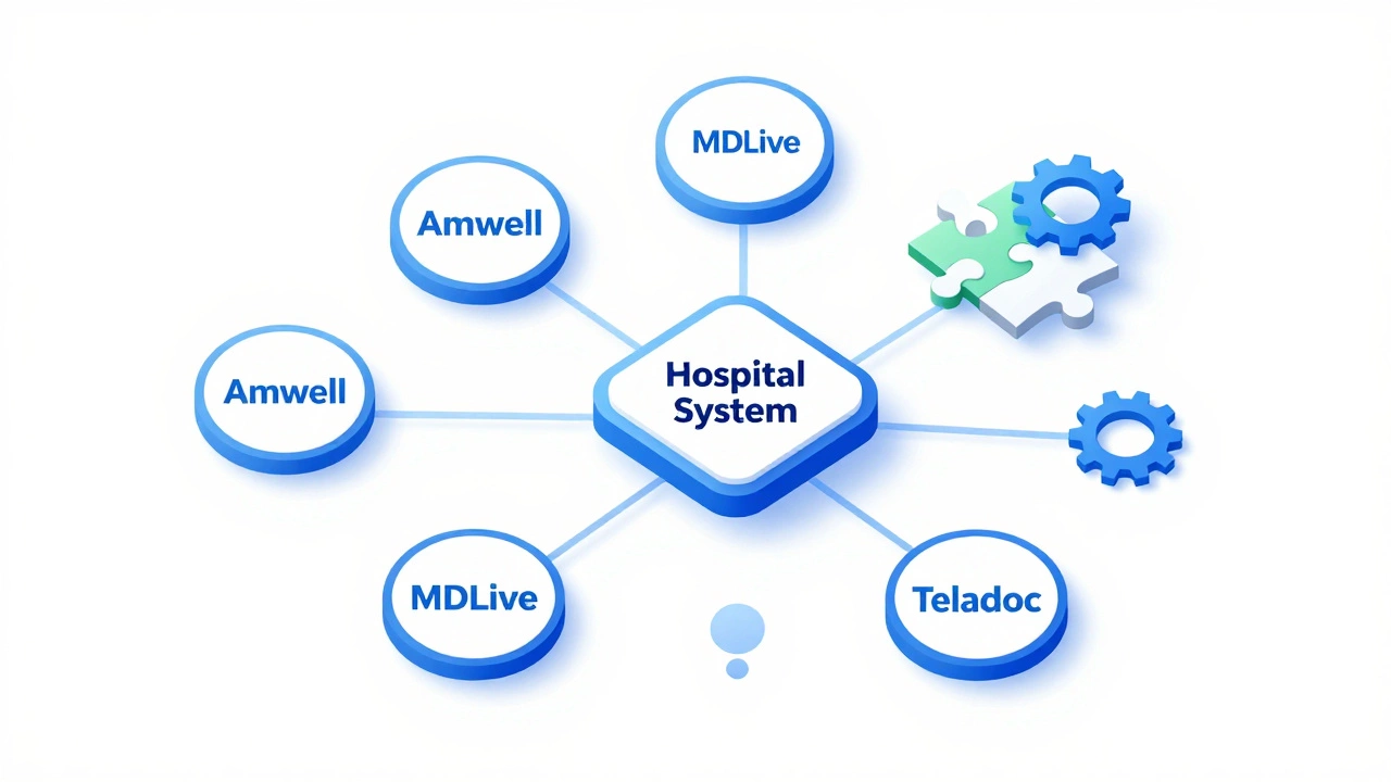 Network diagram showing telehealth platforms connecting with hospitals