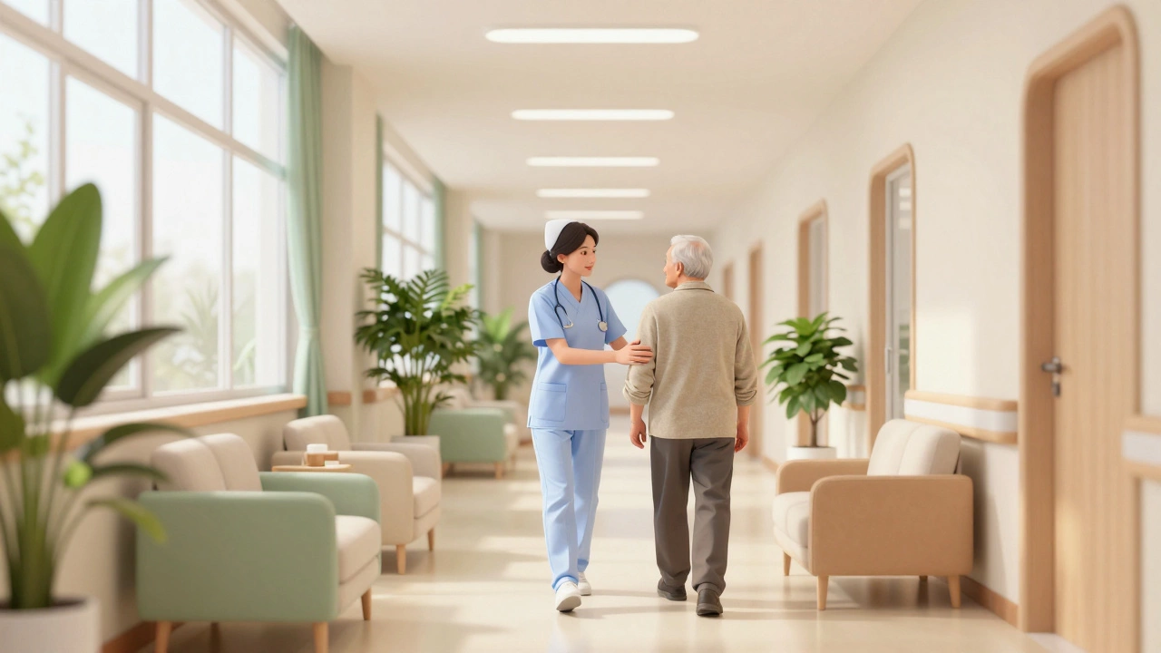 Nurse guiding a patient through a quiet, luxurious private hospital corridor