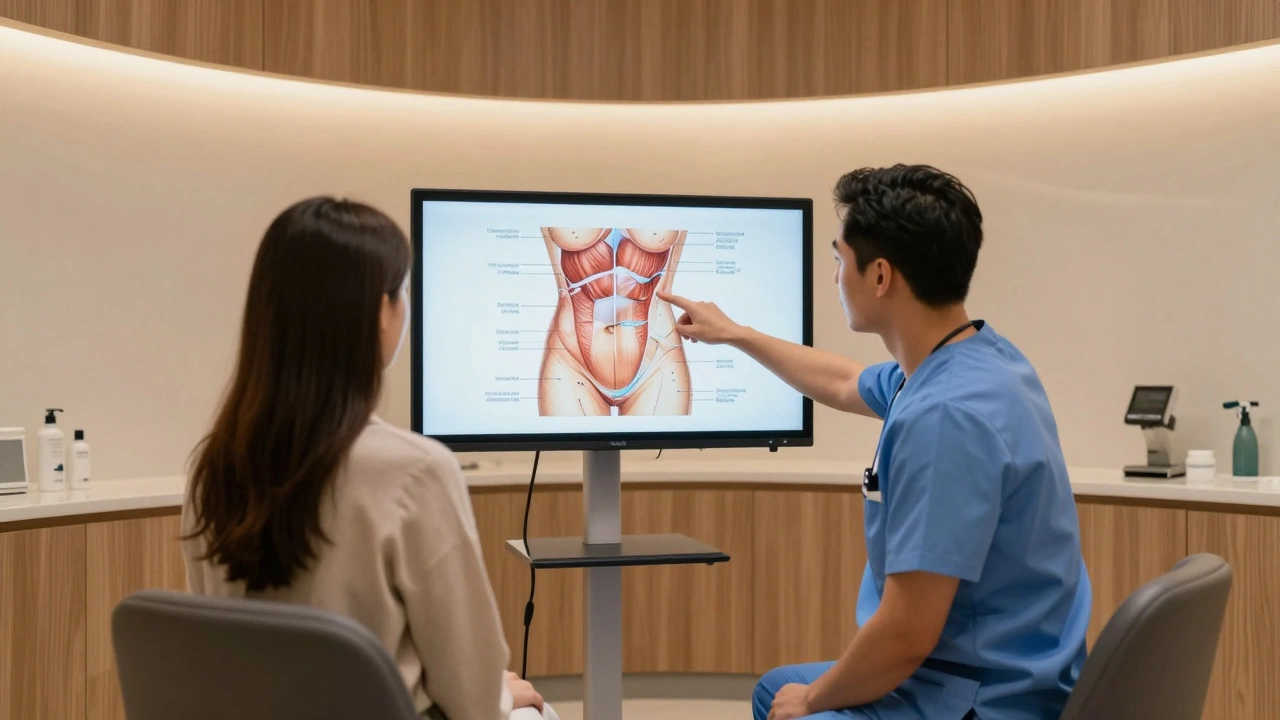 Patient consulting with a plastic surgeon in a modern private clinic office.