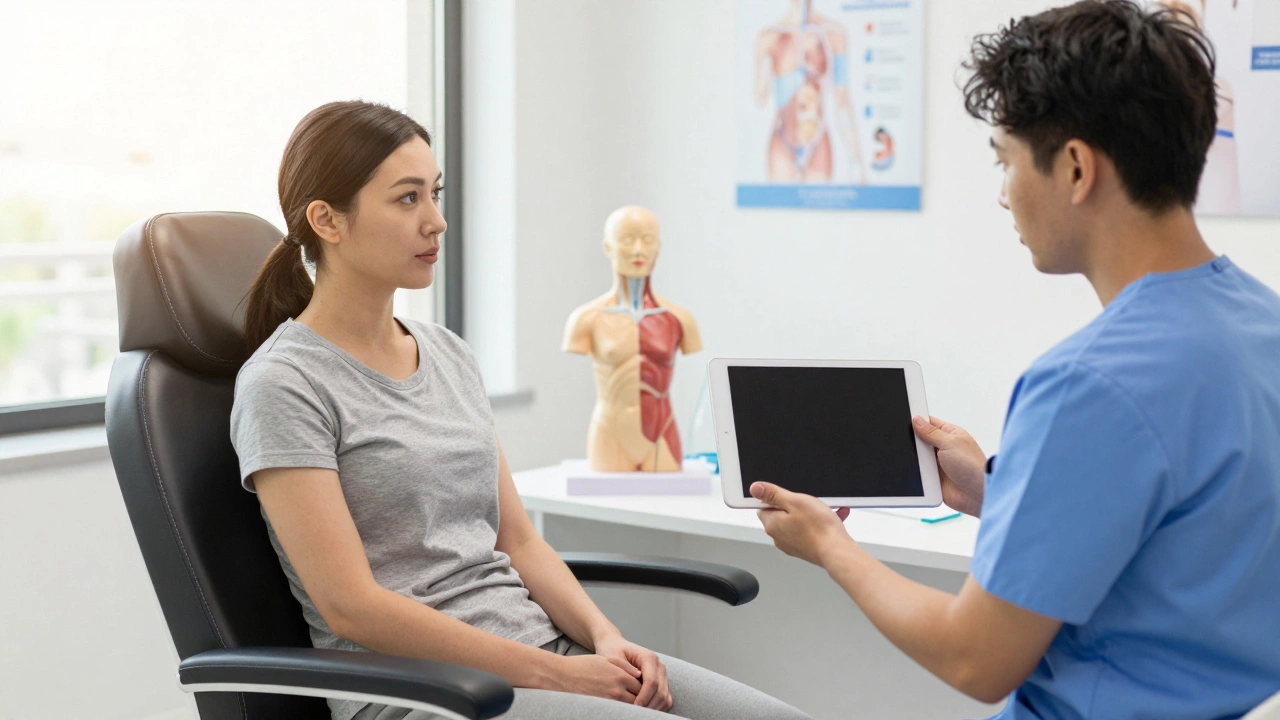 Patient consulting with plastic surgeon in a modern clinic office