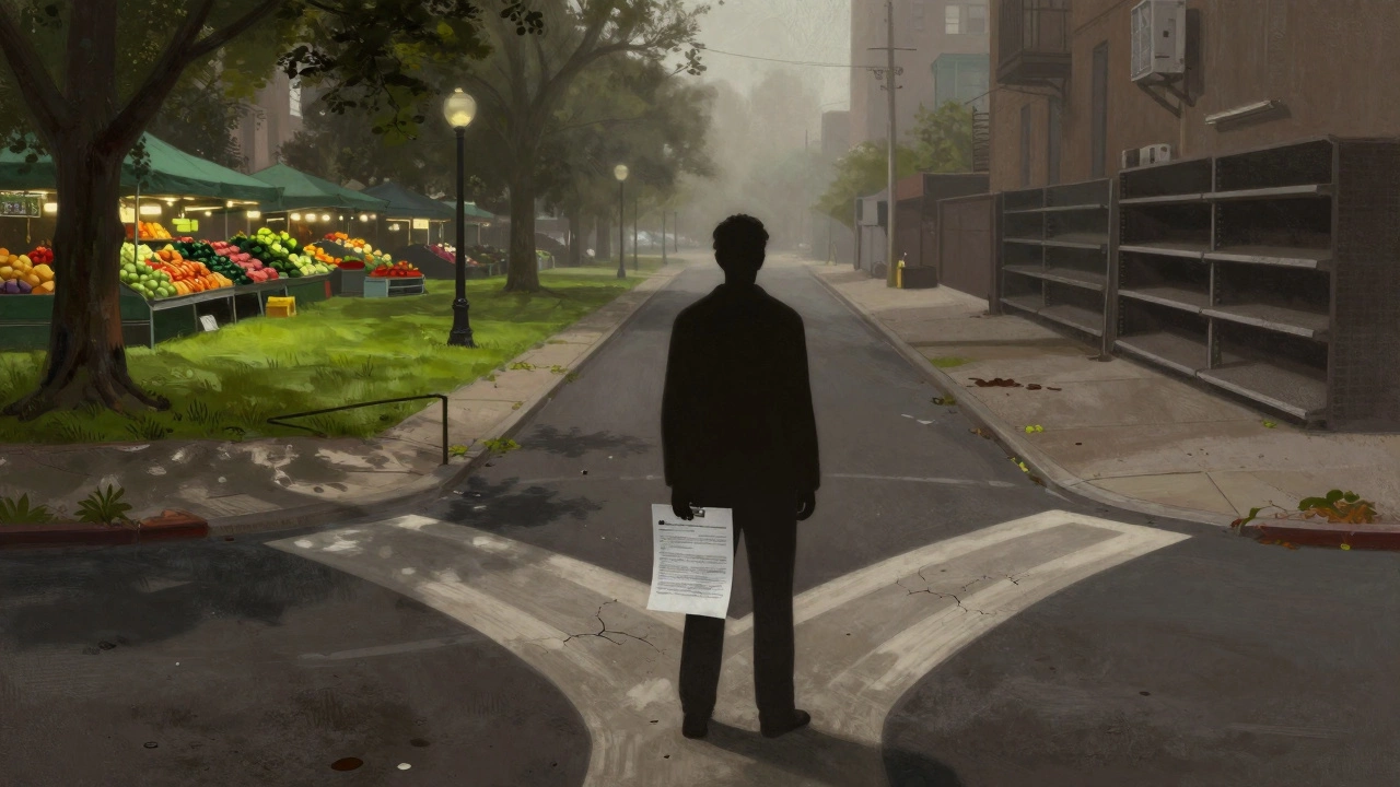Silhouette at crossroads between healthy community and impoverished urban decay