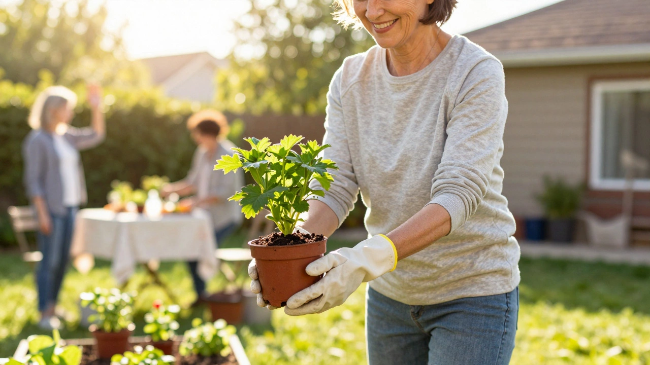 Smiling person gardening in sunshine, engaging in gentle activity