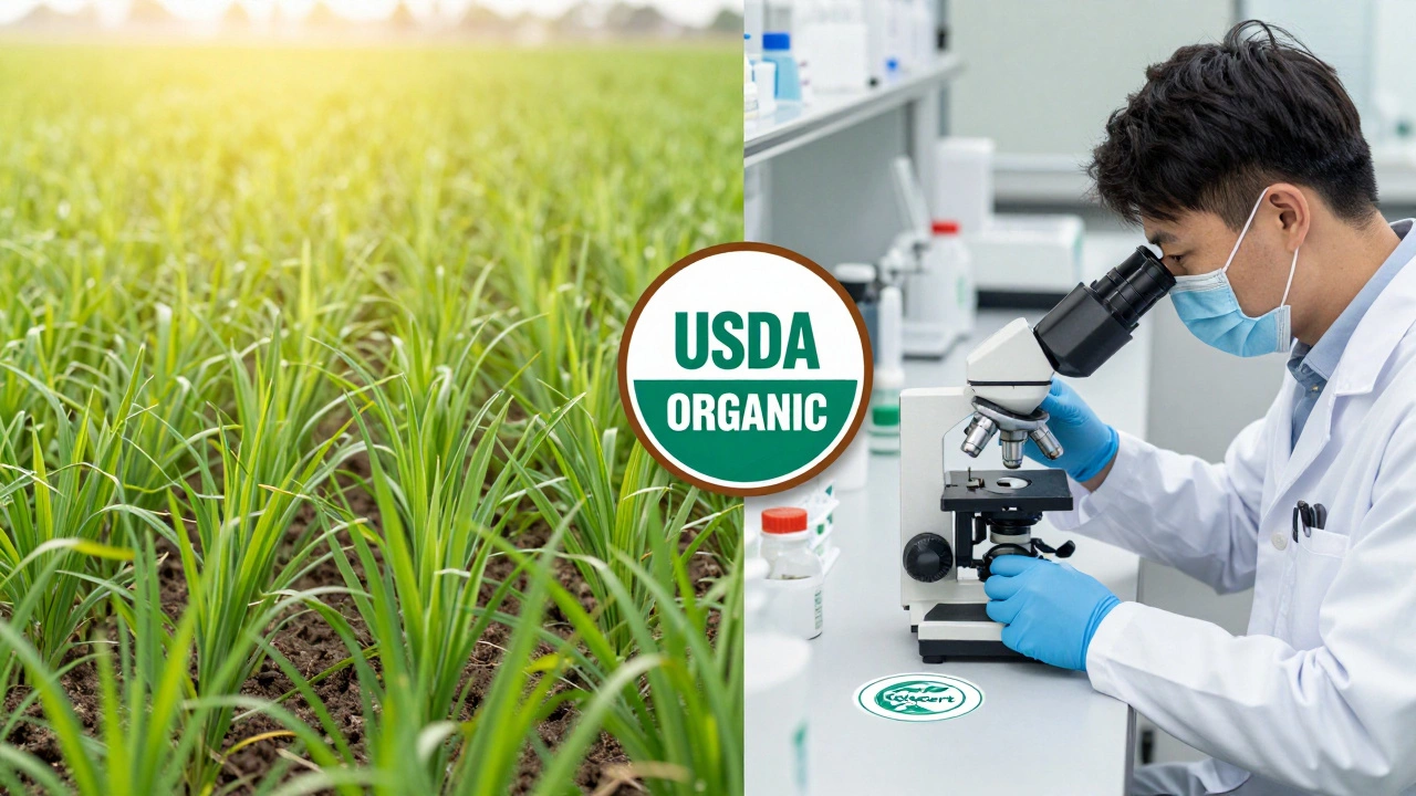 Split view of organic farm and lab with certification seals