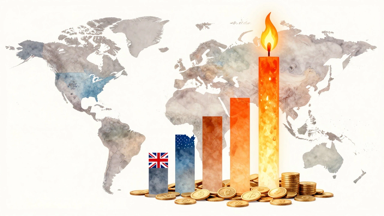 Watercolor map with candle-like bars showing US spending vs lower life expectancy