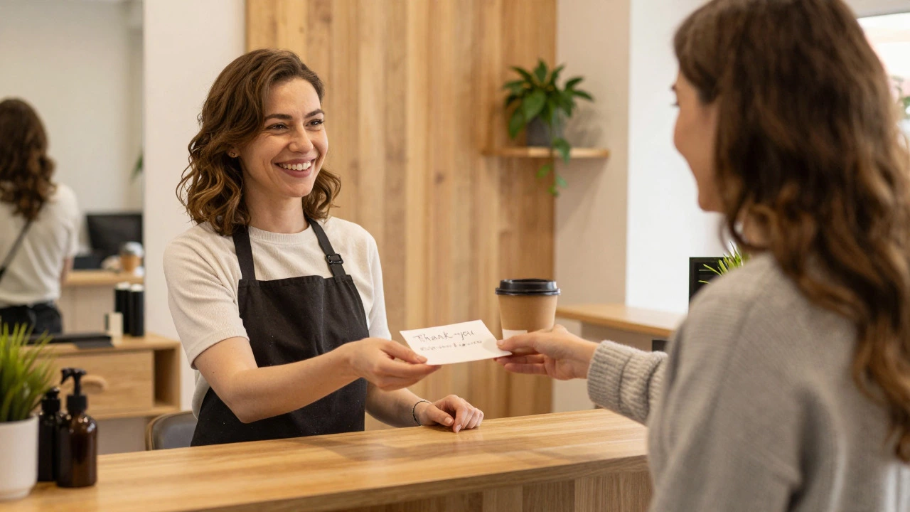 Client giving coffee to salon owner as a gesture of thanks
