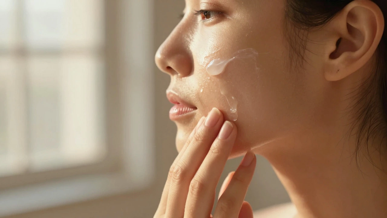 Close up of hands applying serum and moisturizer during a morning skincare routine.