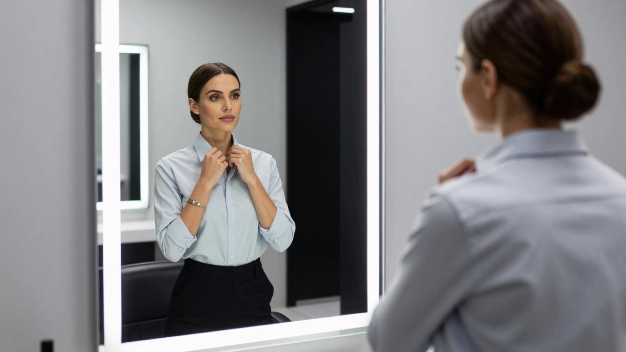 Confident woman checking her polished look in a salon mirror