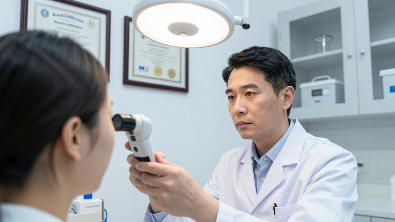 Dermatologist examining skin with certification certificates in background