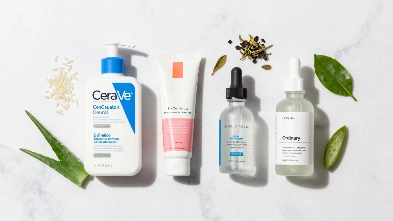 Flat lay of various skincare brands and natural ingredients on a marble surface.