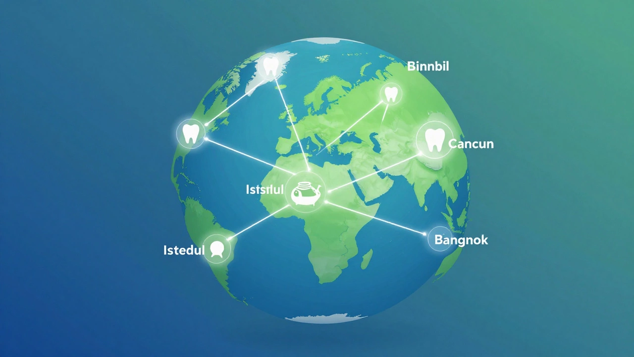 Globe map connecting UK to affordable dental destinations