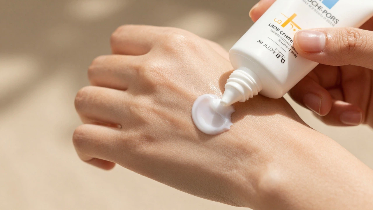 Hand applying lightweight sunscreen to skin, showing quick absorption and no white cast