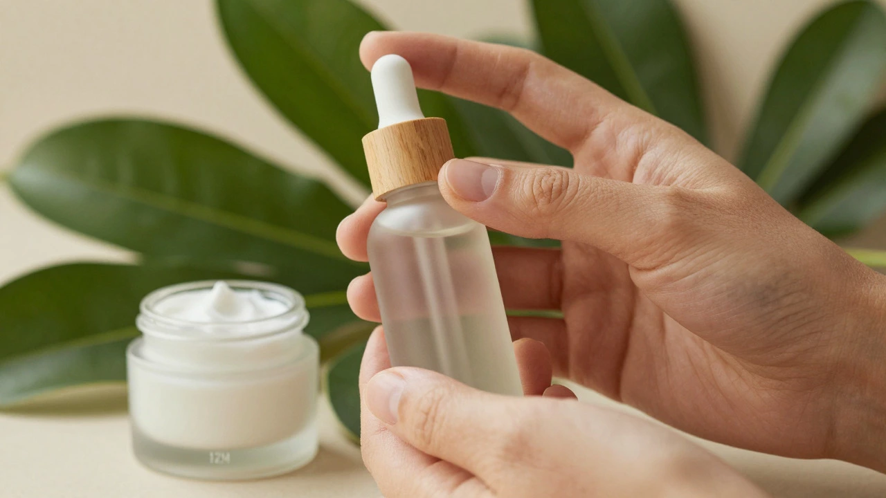 Hand holding sustainable skincare bottle with eco-friendly green background