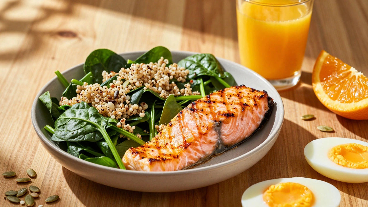 Healthy foods like salmon and spinach for hair growth
