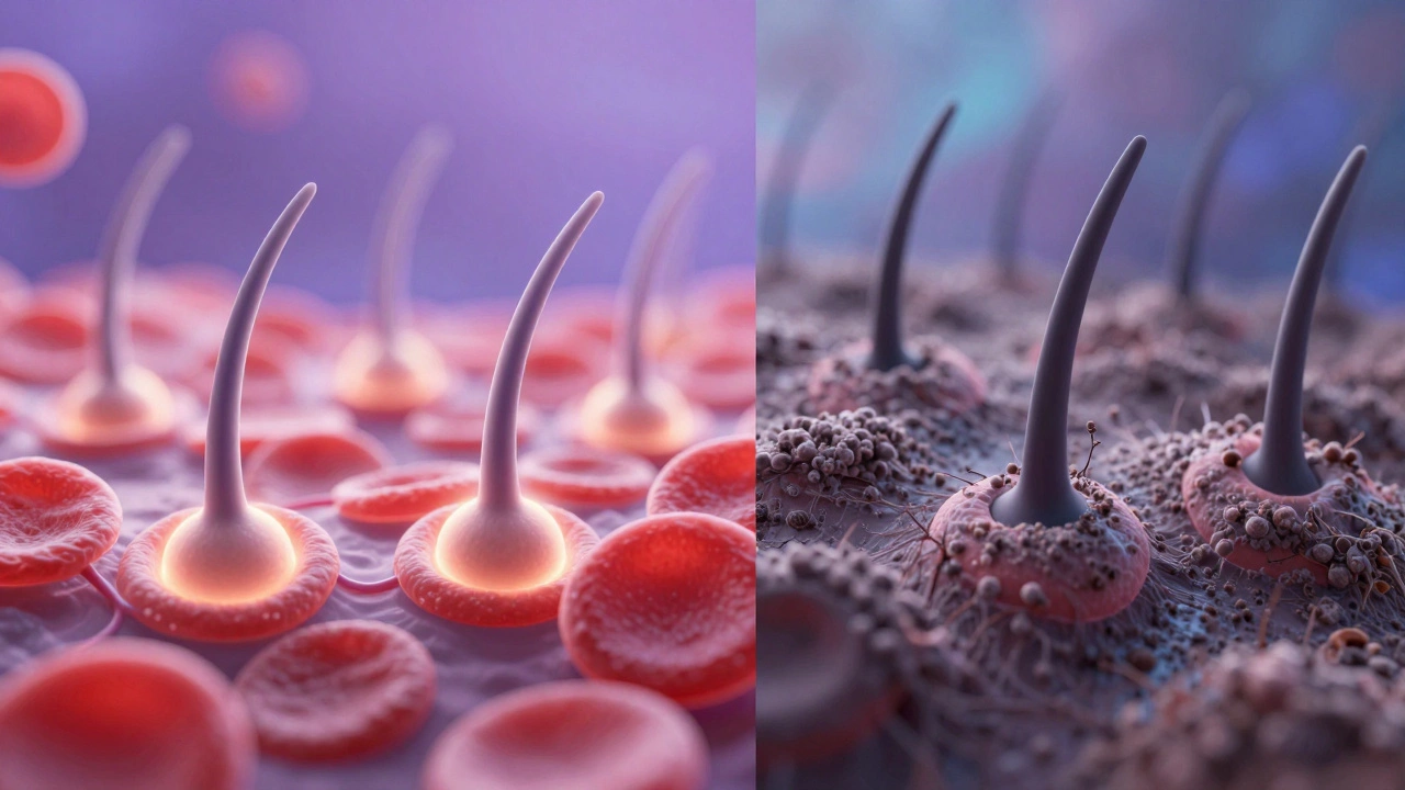 Illustration of healthy vs clogged hair follicles