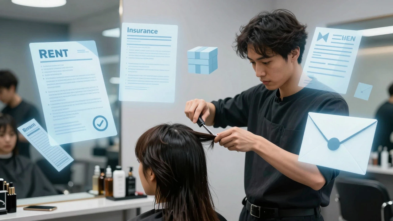 Illustration of salon owner surrounded by floating expense bills