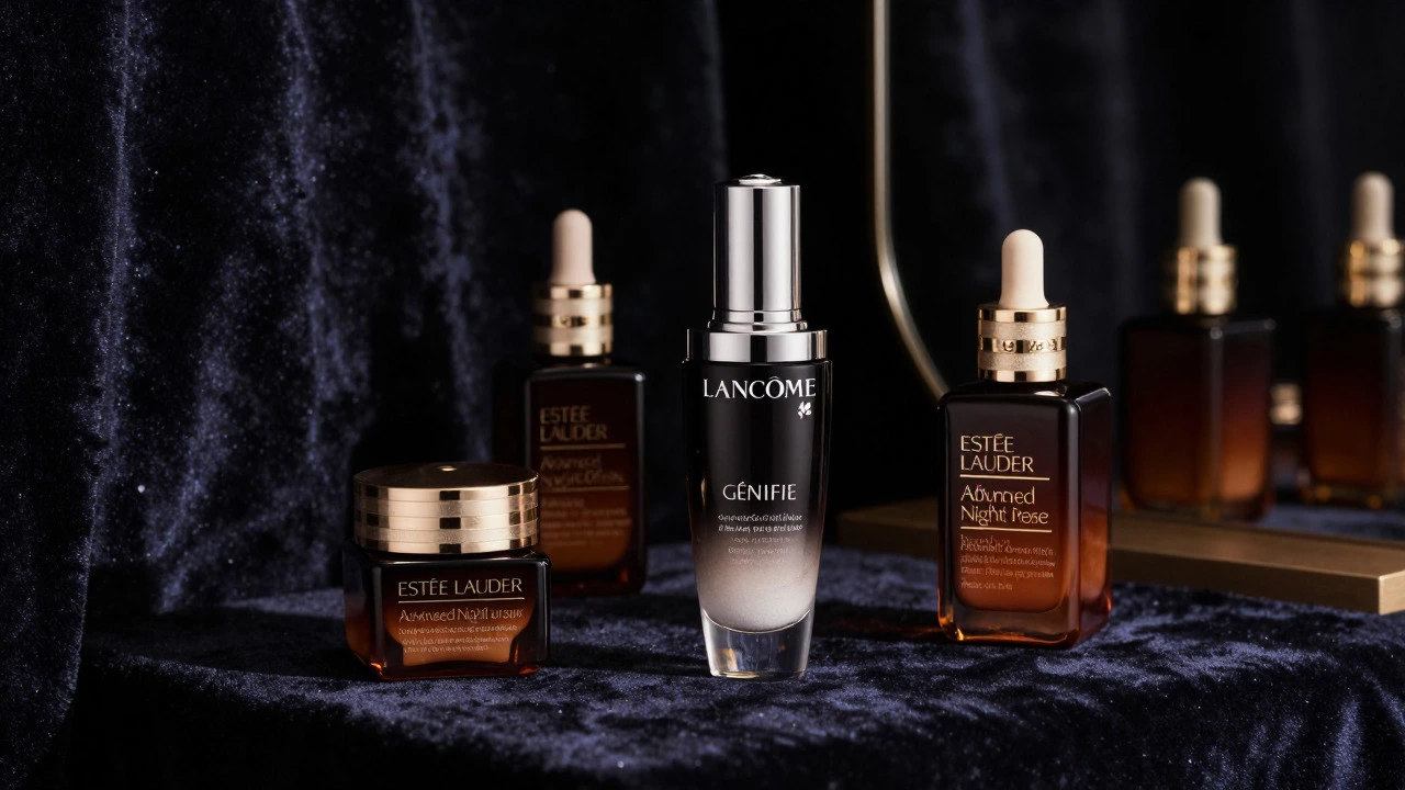Luxury prestige serums like Lancôme and Estée Lauder on a dark velvet vanity table