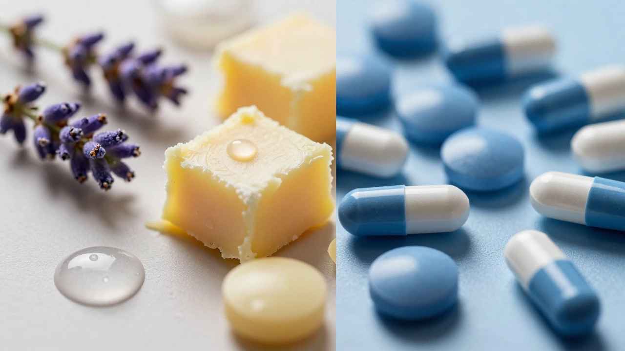 Split image contrasting natural cosmetic ingredients with pharmaceutical drug components