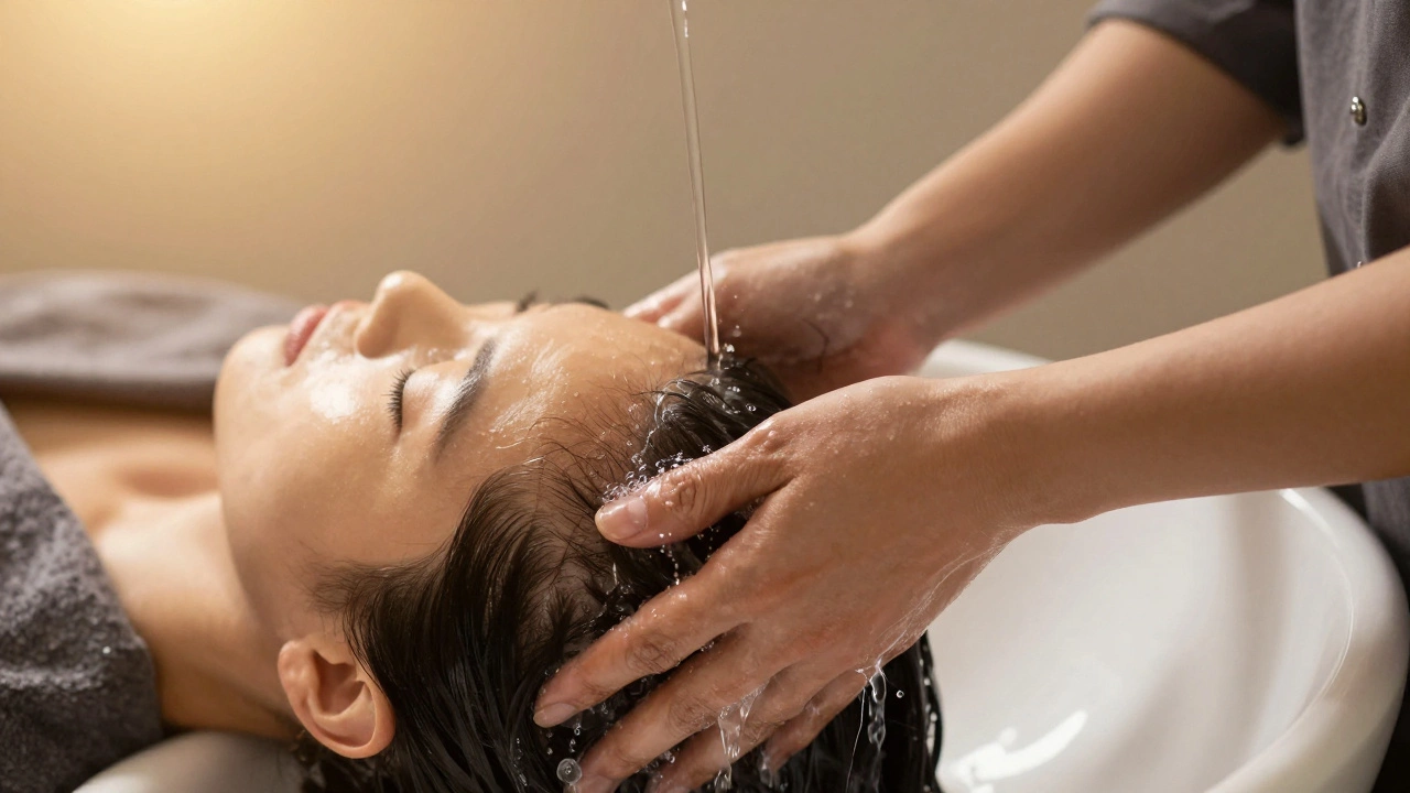 Stylist gently massaging client's scalp during a soothing shampoo