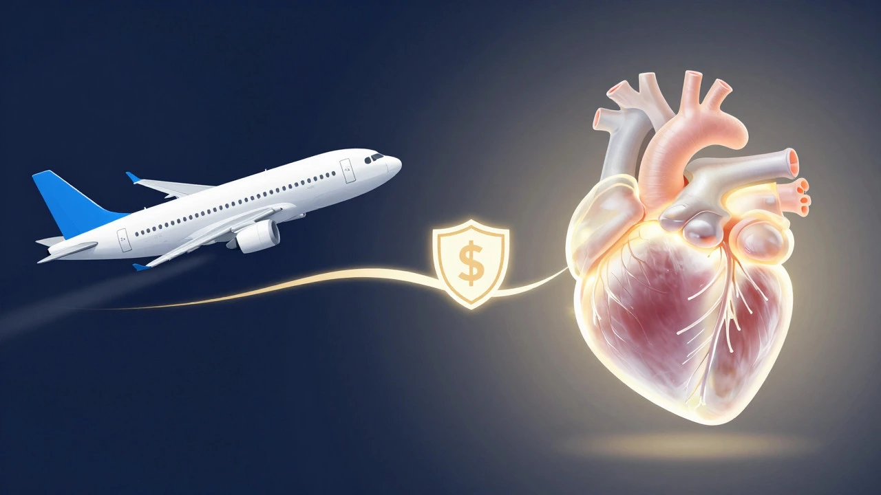 Abstract concept art showing an airplane and a glowing shield symbolizing safe medical travel