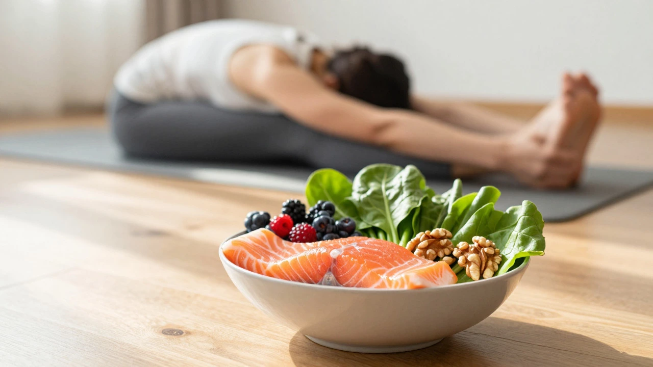 Bowl of anti-inflammatory foods like salmon and berries on a table with a person stretching in the background