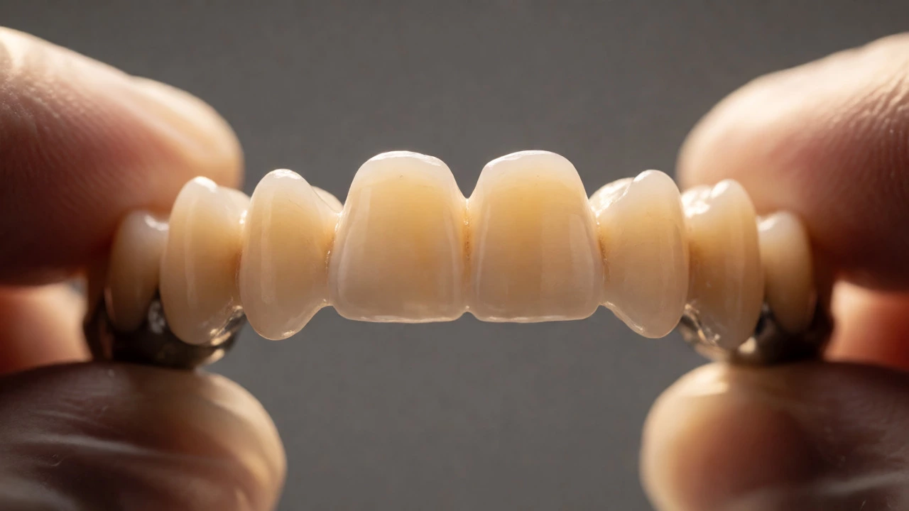 Close-up of a high-quality zirconia dental bridge with titanium abutments