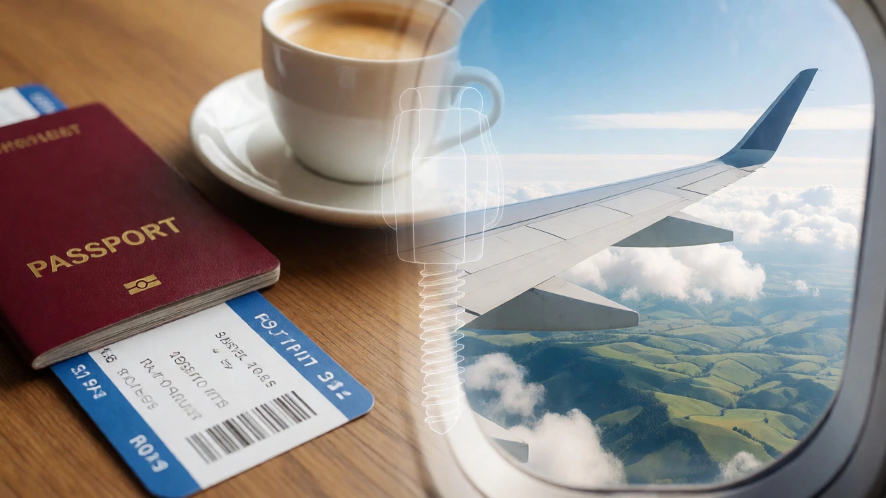 Conceptual split image of travel documents and airplane view over Europe