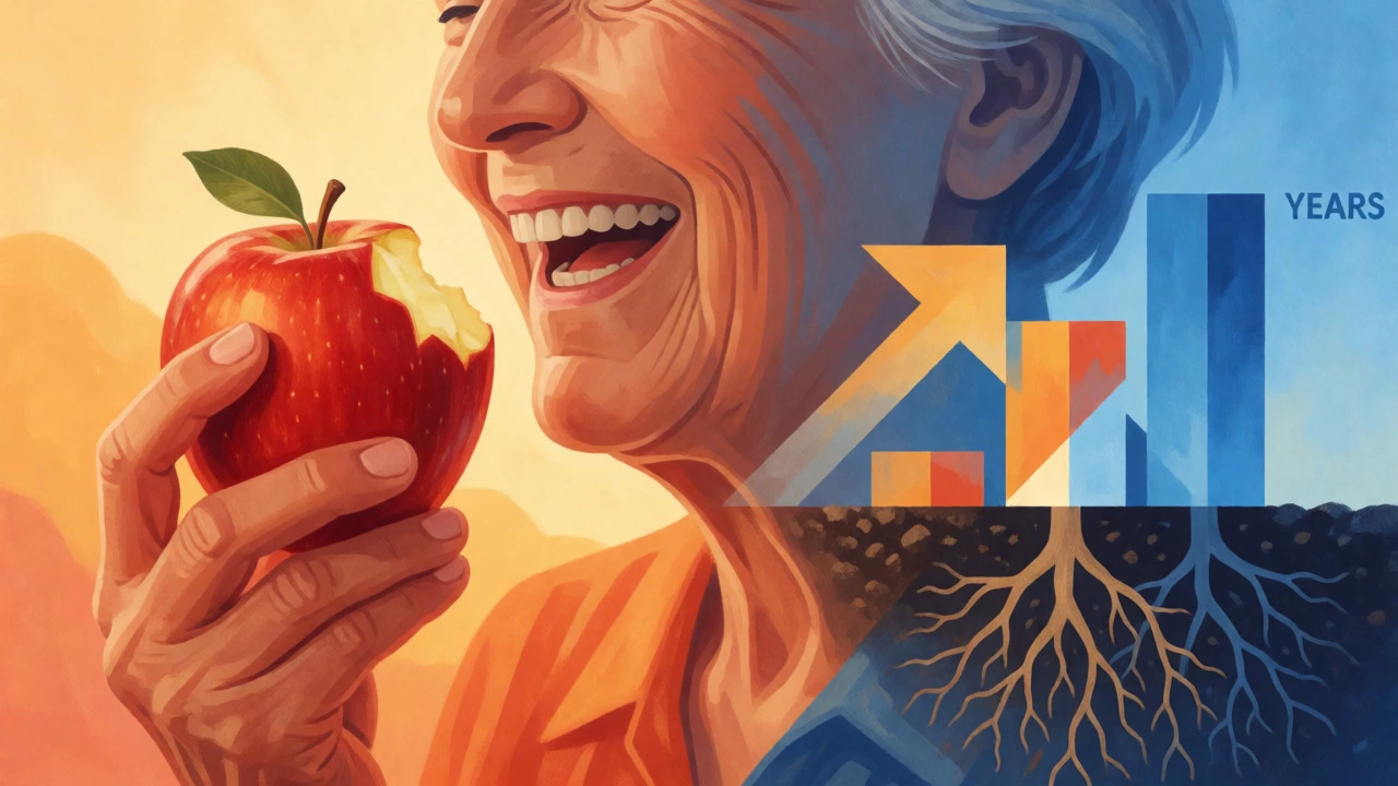 Elderly person eating an apple next to abstract symbols of stability