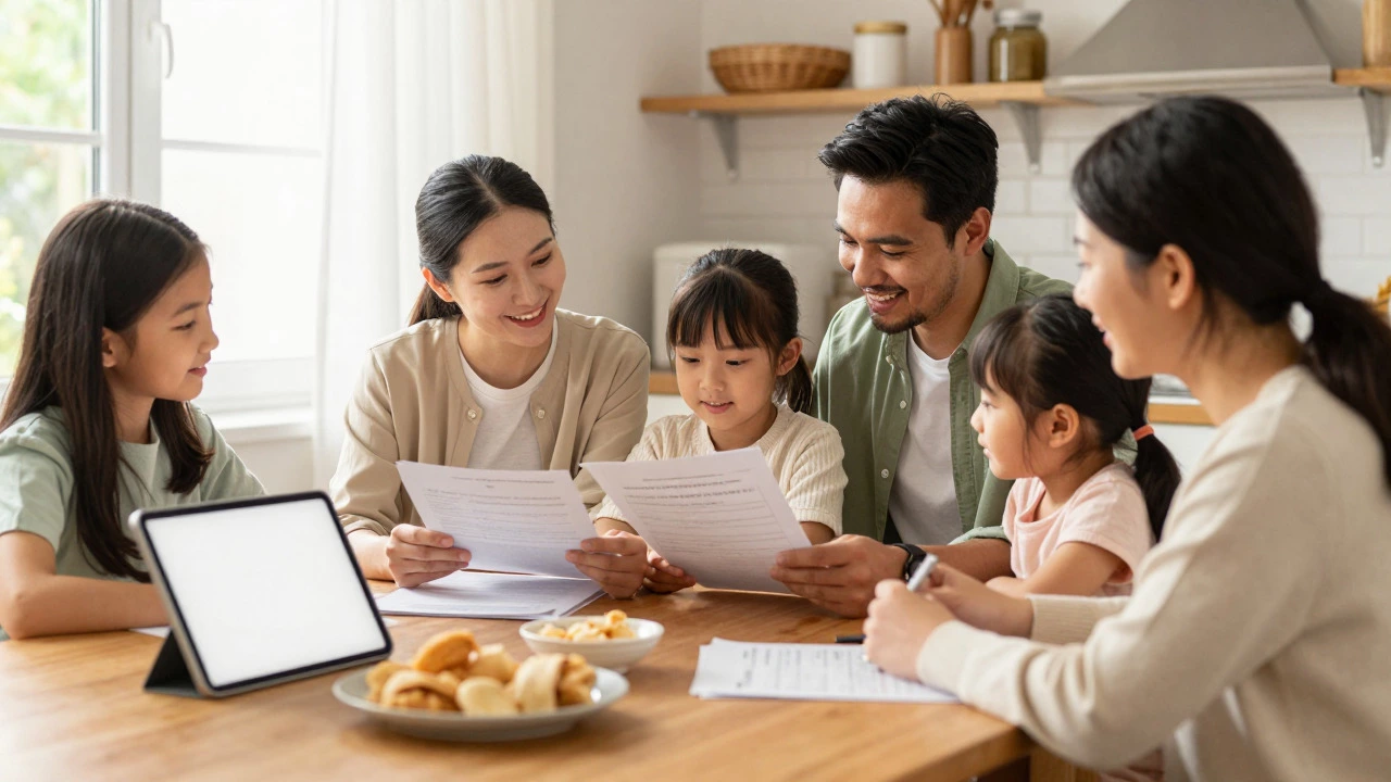 Family reviewing health insurance documents at a sunny kitchen table