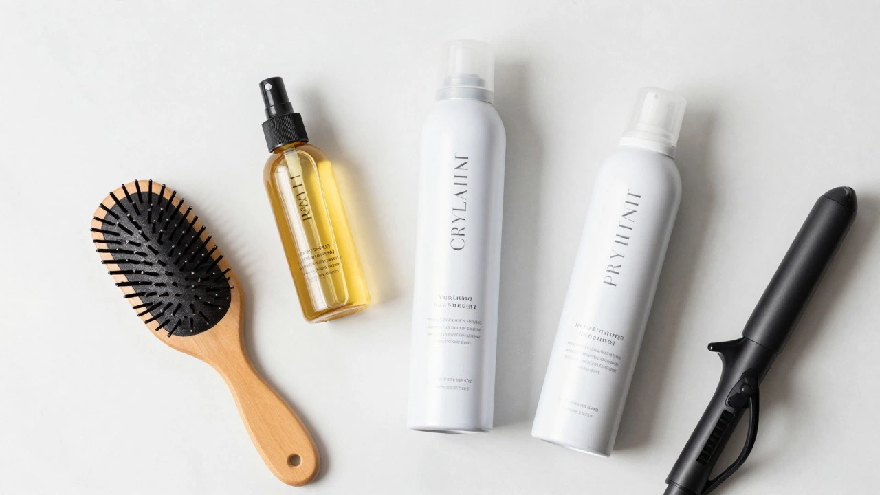 Flat lay of hair oils, mousse, and styling tools on marble surface