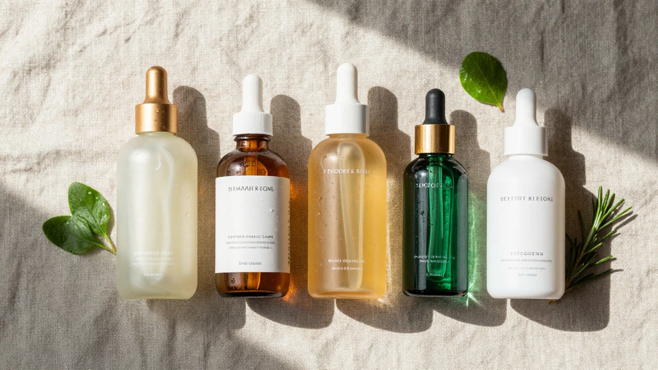 Flat lay of various skincare bottles with natural elements