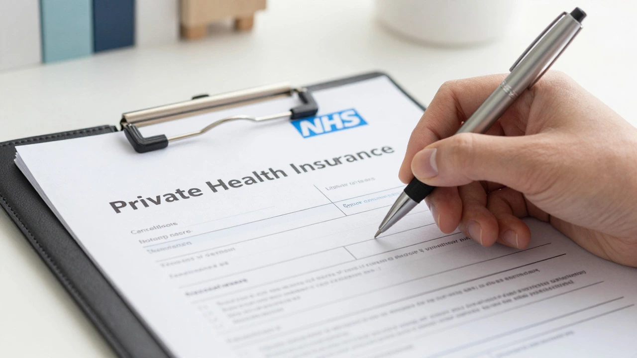 Hand signing private insurance cancellation form next to NHS records