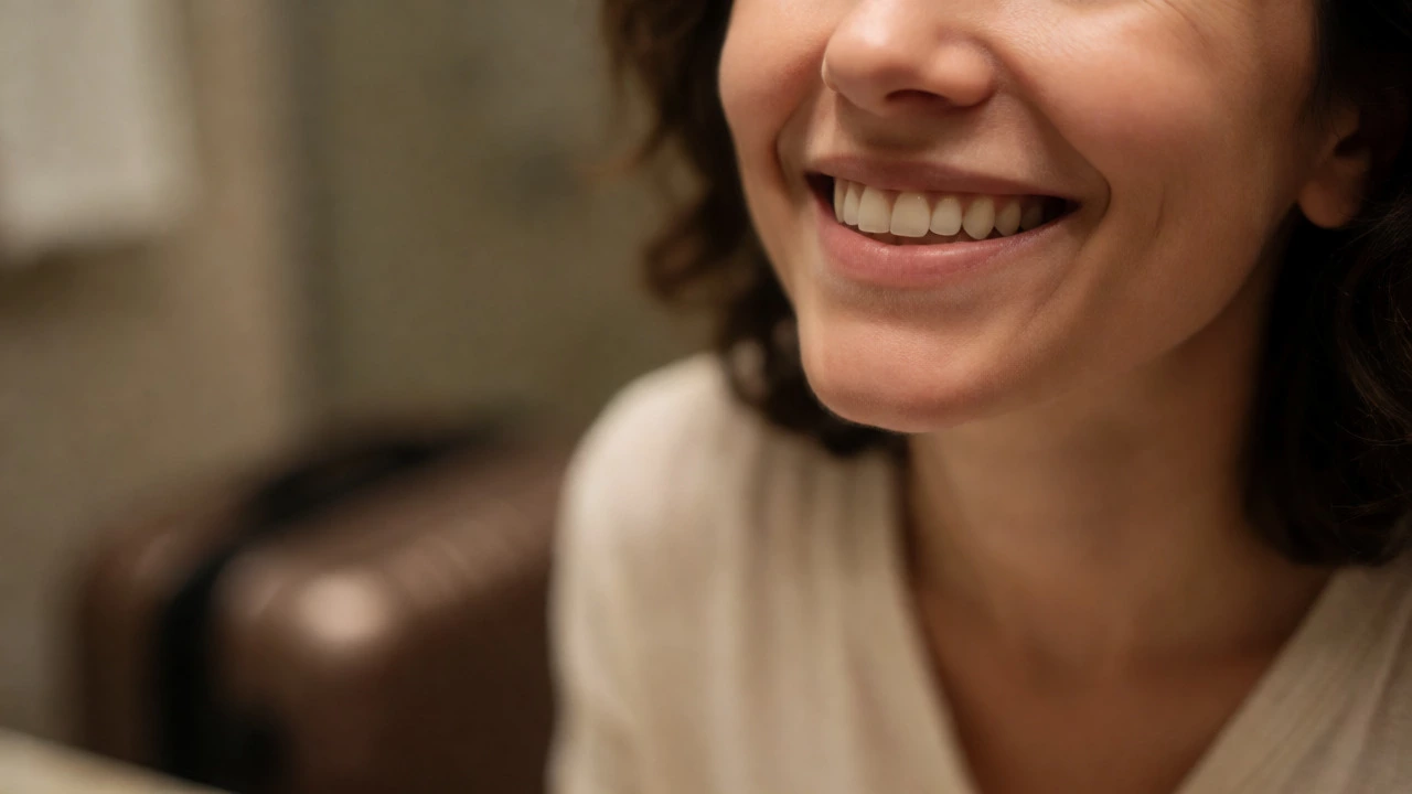 Happy traveler smiling at mirror showcasing new dental implants