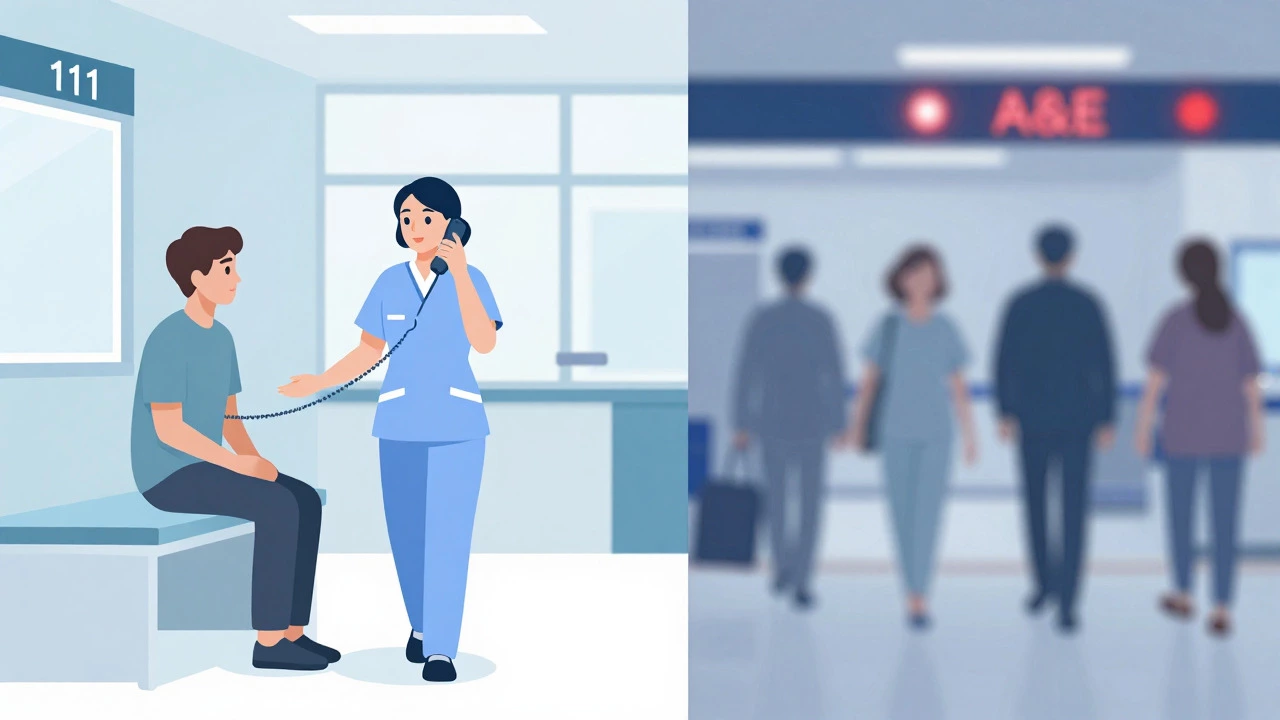 Illustration comparing calm walk-in clinics with chaotic emergency rooms