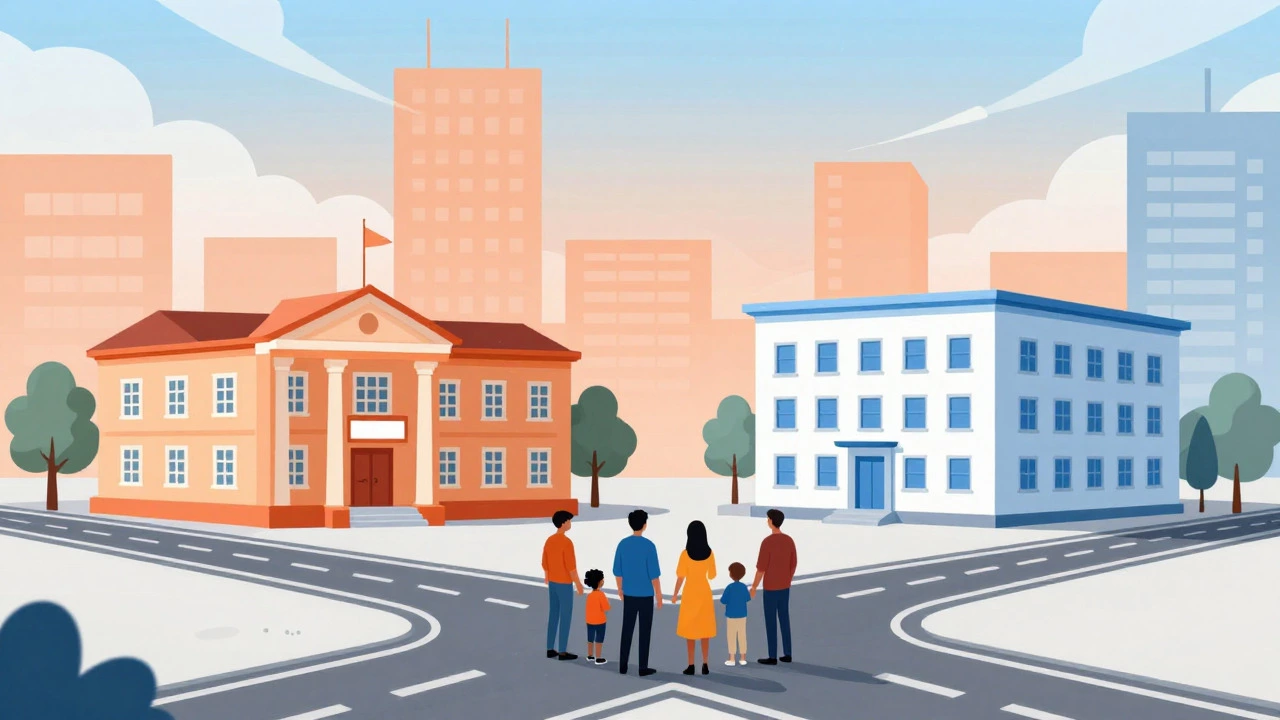 Illustration of people choosing between a public hospital and a private clinic