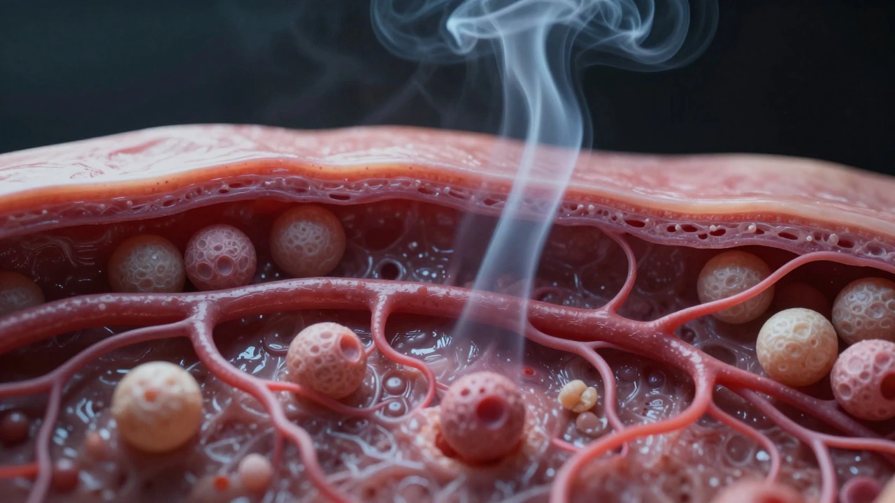 Microscopic view of constricted blood vessels in skin tissue affected by smoking.