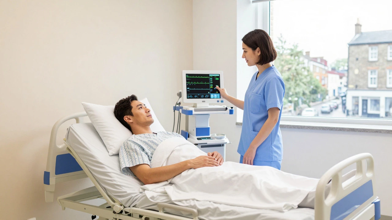 Patient recovering safely in a modern, bright UK surgical suite with monitoring equipment.