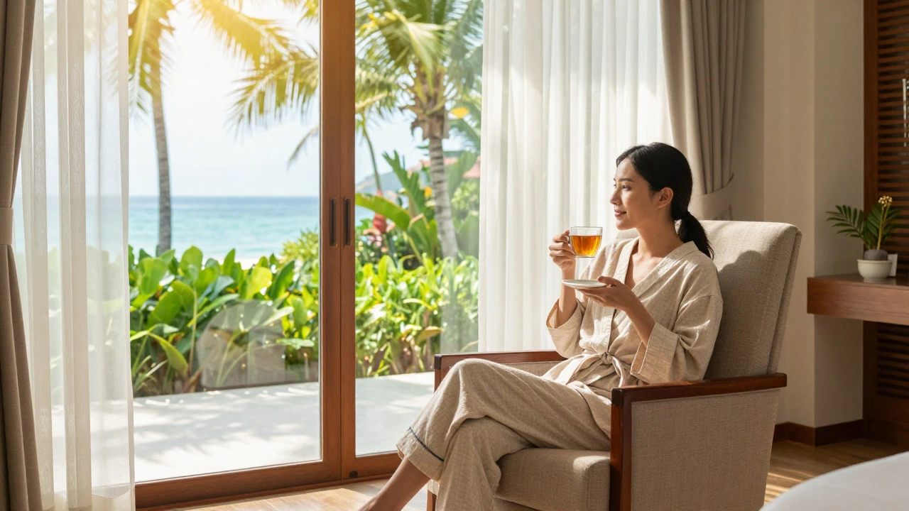 Patient relaxing in a luxurious resort recovery suite with an ocean view