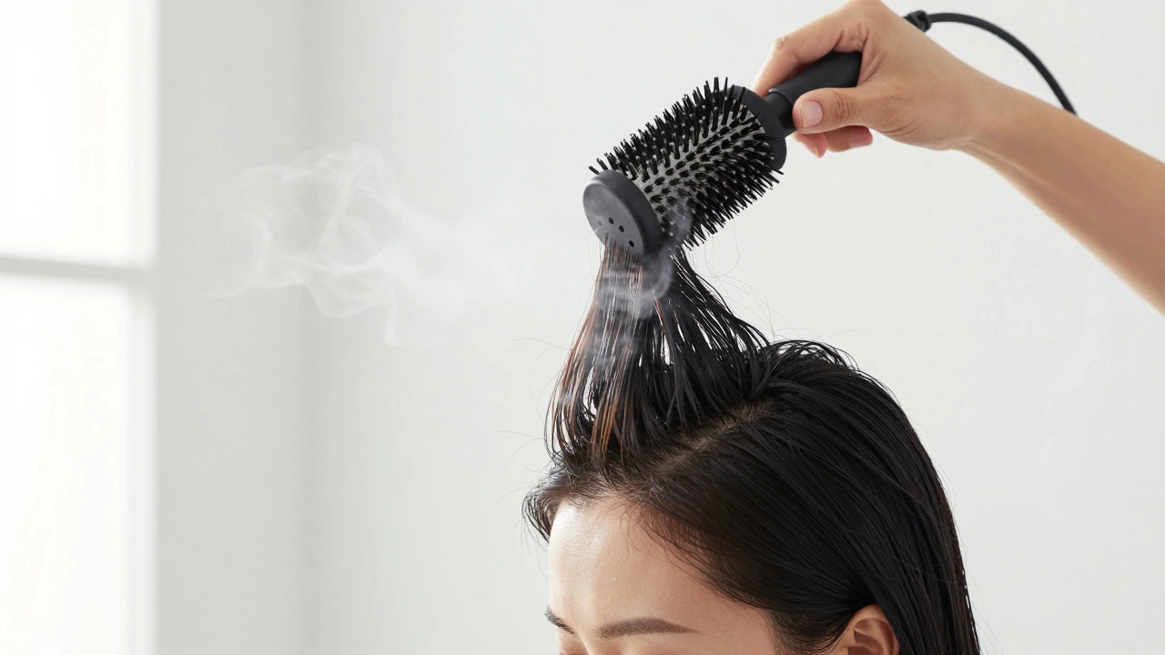 Person blow-drying hair upside down for volume