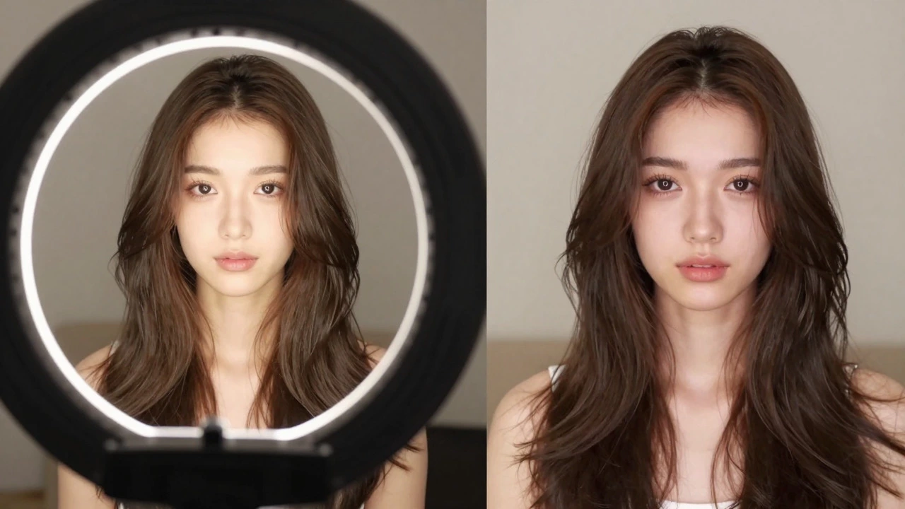 Split screen showing hair under ring light vs natural lighting conditions