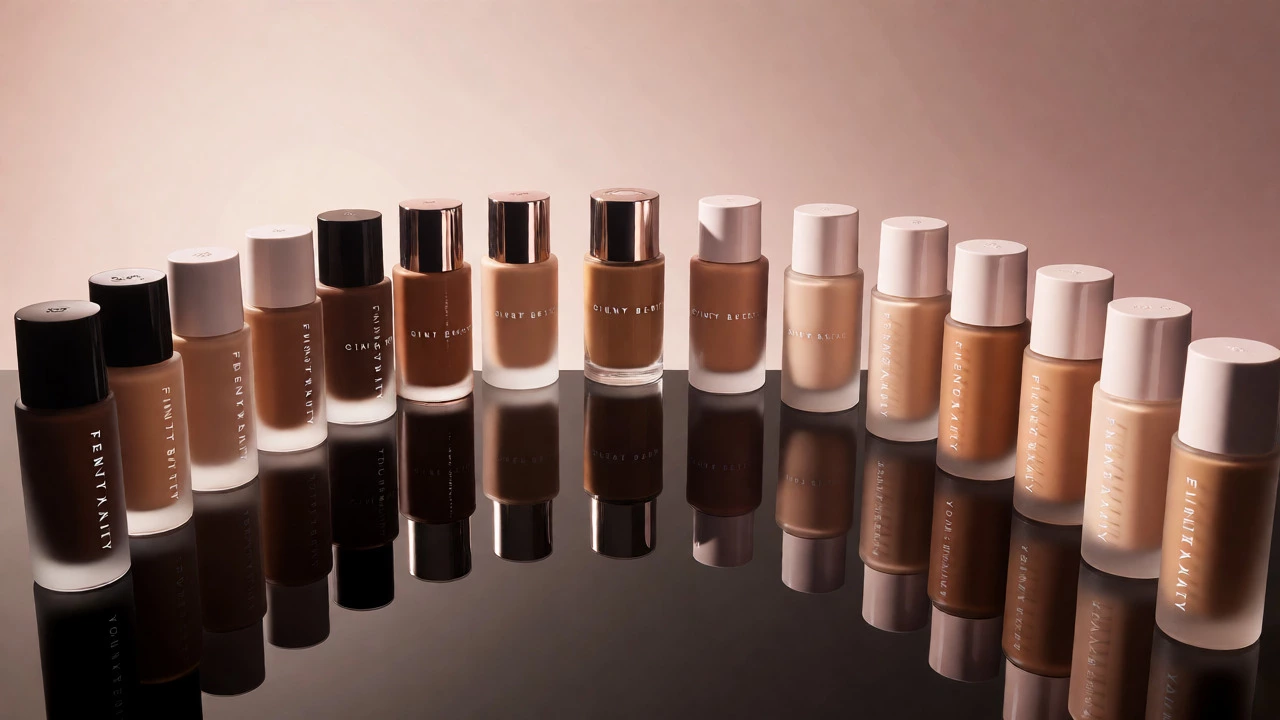 A wide arc of foundation bottles in various skin tones on a reflective black surface.